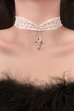 White Lace Cross Necklace Clavicle Chain, Sweet Sexy Choker for Hot Girl Style, Trendy Y2K Fashion Accessory