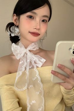 White Lace Embroidered Long Silk Scarf for Women, Fairy Aesthetic Neck Tie and Hair Ribbon, French Layered Hair Accessory