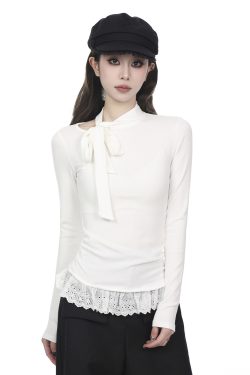 White Lace Long Sleeve T-Shirt for Women, French Layered Slim Fit Spring Top, 2025 Fashion, Chic Casual Style