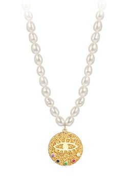 White Layered French Retro Freshwater Pearl Necklace with Evil Eye and Gold Coin Detail - Trendy He-style Design