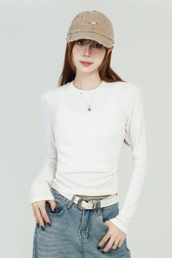 White Long Sleeve Shoulder T-Shirt for Women - 2025 Fitted Elegant Slim Inner Layer Short Top, Perfect for Y2K and Casual Chic Styles