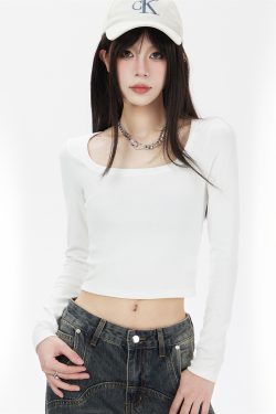 White Long Sleeve Square Collar T-Shirt for Women - 2025 New Slim Fit Versatile Base Layer Knitted Top