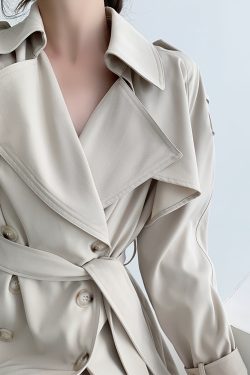 White Loose Long Trench Coat for Women, Autumn Draped Long Sleeve, Versatile Double-Breasted Elegant Mid-Length Outerwear