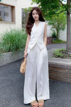 White Minimalist Two-Piece Set for Women - Trendy Summer 2025 High-Waisted Wide-Leg Pants and Vest Outfit