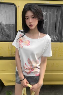 White Off-Shoulder Floral Print Summer Top for Women - Trendy Loose-Fitting Short Sleeve Blouse - American Style Fashion