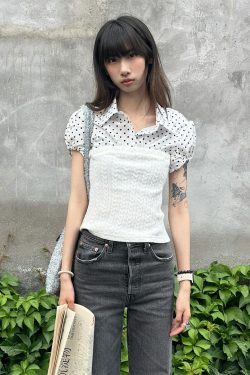 White Polka Dot Strapless Short Sleeve Top for Women, Summer Spliced Faux Two-Piece Puff Sleeve Knitted Shirt, Y2K Fashion