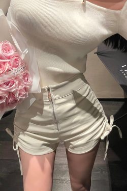 White PU Leather Drawstring Shorts for Women - Versatile Casual Pants for Autumn Winter - Niche Design & Trendy Style