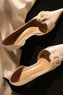 White Satin High Heels Wedding Shoes for Women - Vintage French Camellia Fairy Style 2025 Bridal Footwear