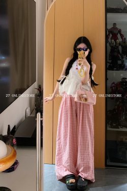 White Sleeveless Puff Top and Pink Plaid Casual Pants Two-Piece Set for Women - Versatile Summer Outfit, Trendy Y2K Style