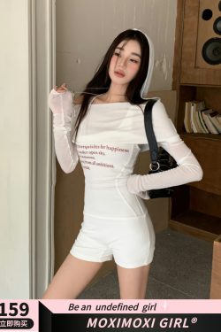 White Slim-Fit One-Shoulder Hooded Jumpsuit for Women - Autumn Sexy Slimming Romper, Trendy 90s Style