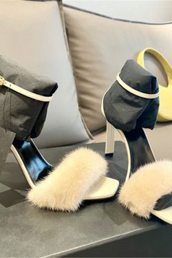 White Square-Toed High-Heeled Sandals for Women with Mink Fur Strap - Elegant Chic 2023 Style, Perfect for Y2K and Fashion-Forward Looks