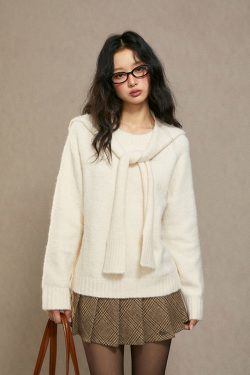 White Sweater for Women - Autumn Winter 2024 Lazy Style High-End Feel Faux Two-Piece Knitted Top