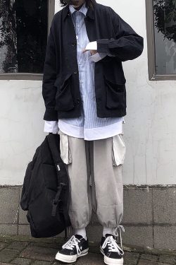 White Tapered Loose Work Pants with Patch Pockets and Drawstring Chain - Casual Lantern Straight Tube Style