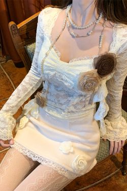 White Tower Rose French Lace Midi Skirt for Women - A-Line Slimming Bodycon Design, Sweet and Spicy Autumn Winter Style