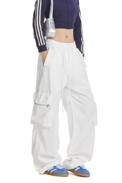 White Wide-Leg Cargo Pants for Women with Large Pockets, Trendy Hip-Hop Straight-Leg Style, American Jazz Fashion