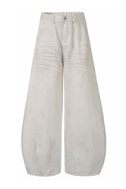 White Wide-Leg Casual Pants with Scratched Cat Whiskers - Baggy Curved Blade Design, Y2K Inspired Denim Trousers for Trendy Style