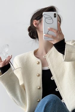 White Woolen Round Neck Coat for Women - High-End Autumn Winter Fashion with Ear Button Design for Small Figures