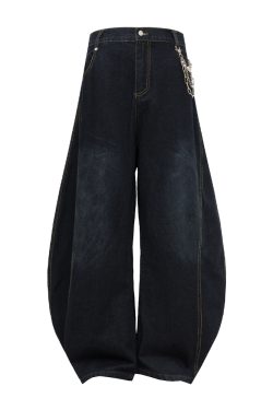 Wide-Leg Curved Denim Pants with Chain Decoration - American Street Style Coating Wash, Trendy 90s Vintage Look