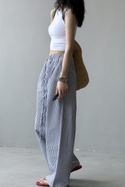 Wide-Leg Striped Casual Pants for Women - High-End Draped Fit Summer 2025, Relaxed Old-Money Style