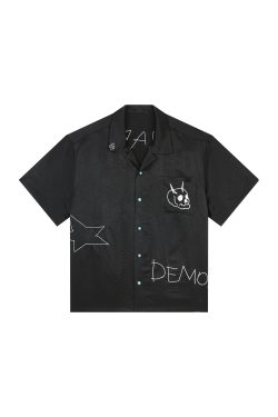 Wide Short Sleeve American Street Style Shirt with Evil Star Witch Embroidery - Trendy Oversized Acetic Acid Top