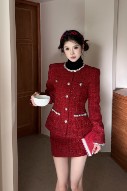 Wine Red High-End Tweed Waistcoat and Low-Waist Skirt Set for Festivals, Y2K Style, Chic Summer Outfit