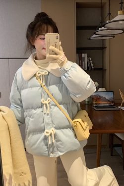 Winter Blue Bow Design Thick Slimming Cotton Jacket for Women - Cozy Chic Outerwear