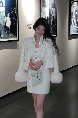 Winter Heavy Industry Sequin White Short Woolen Coat for Women with Thick Down Lining - Y2K Inspired Fashion