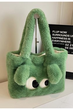 Winter Plush Shoulder Bag with Big Eyes - Versatile Large Capacity Tote for Women, 2025 Trendy Commuter Style