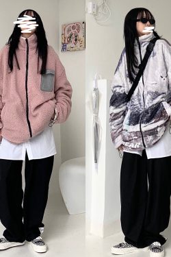 Winter Reversible Thick Cotton Lamb Fleece Jacket - Loose Spliced Cloud Design for Couples - Japan & South Korea Inspired Fashion