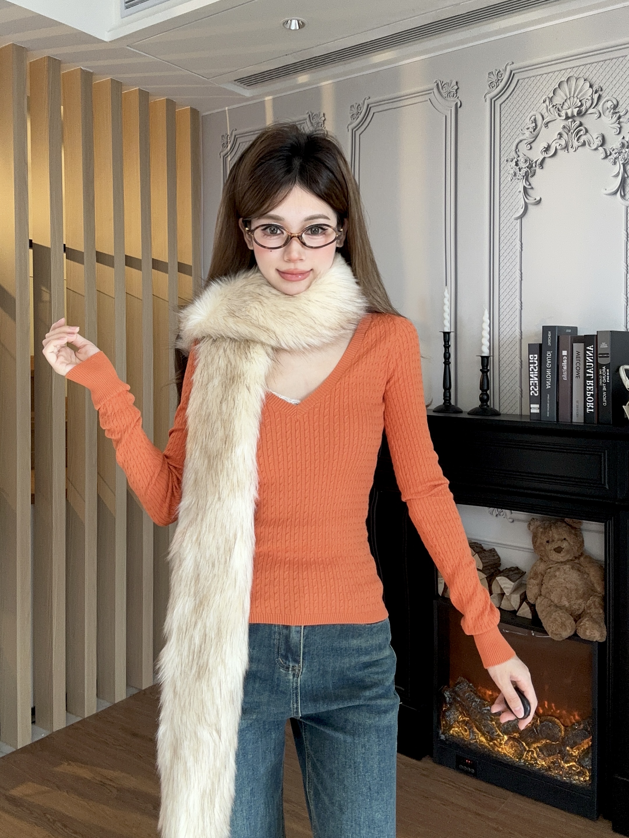 Winter Slim Fit V-Neck Long Sleeve Cable Knit Top for Women - Vintage Style, Sexy Base Layer