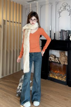 Winter Slim Fit V-Neck Long Sleeve Cable Knit Top for Women - Vintage Style, Sexy Base Layer