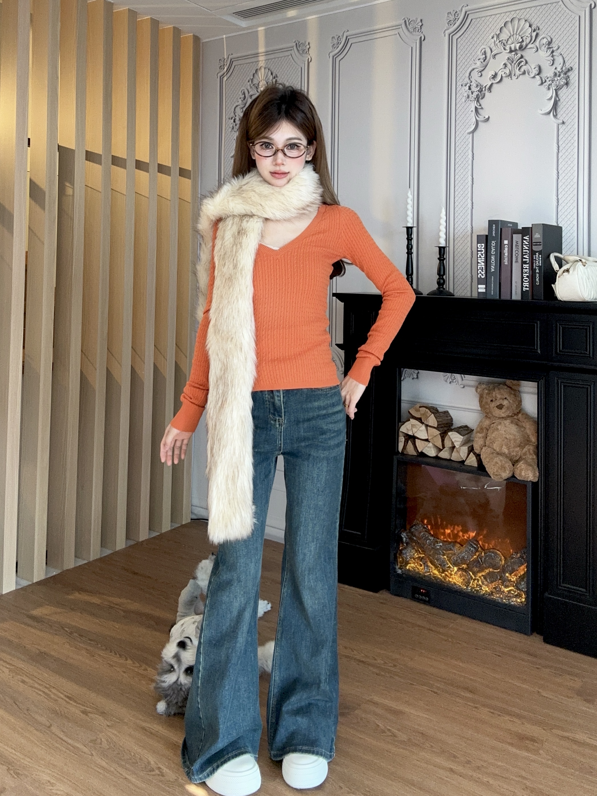 Winter Slim Fit V-Neck Long Sleeve Cable Knit Top for Women - Vintage Style, Sexy Base Layer