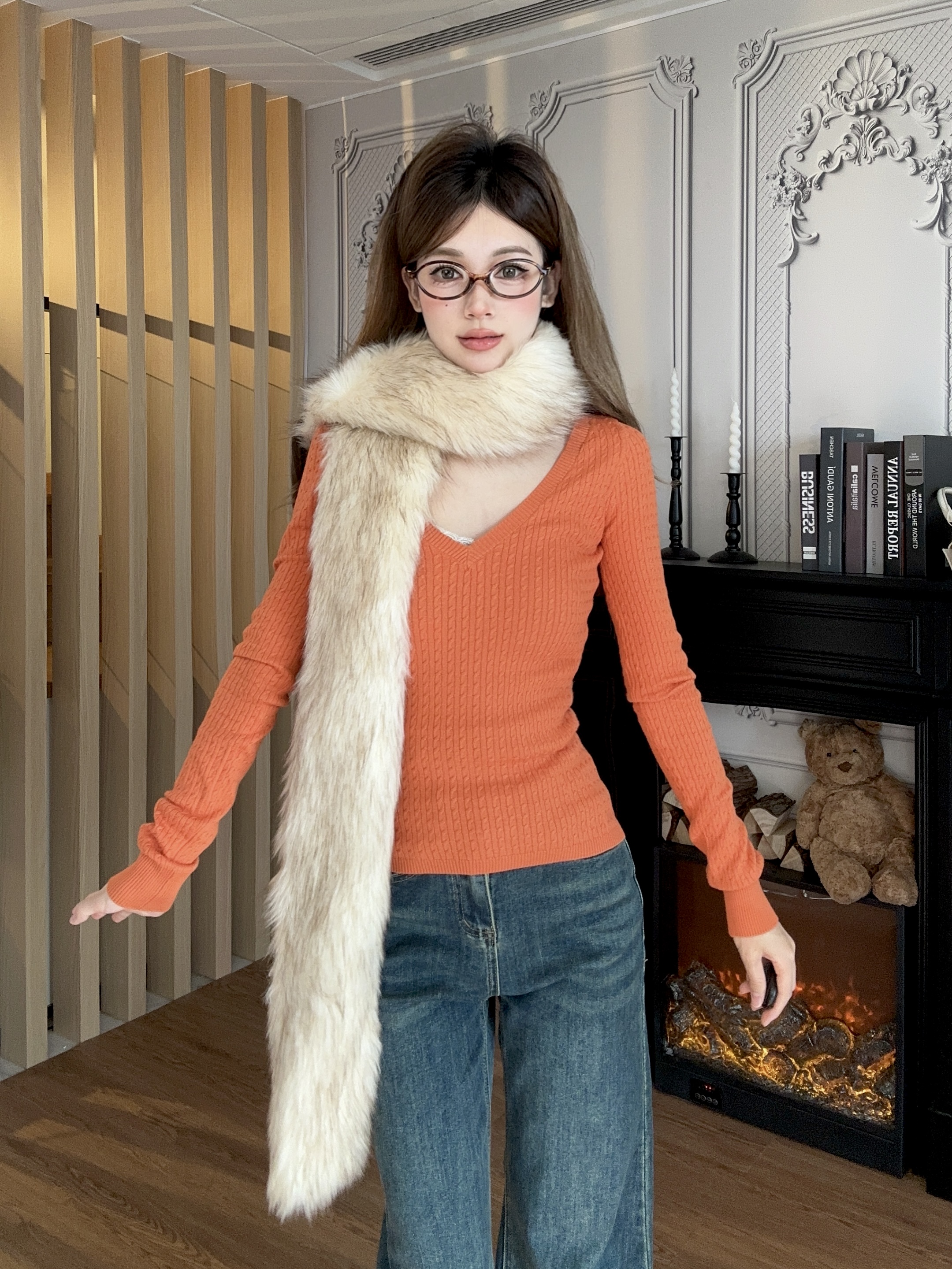Winter Slim Fit V-Neck Long Sleeve Cable Knit Top for Women - Vintage Style, Sexy Base Layer