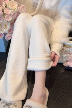 Winter Waffle Pattern White Fleece Knitted Wide-Leg Pants for Women, High-Waisted Casual Trousers with Drawstring, Y2K Style