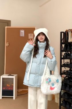 Winter White Duck Down Hooded Couple Jacket - Thick Warm Slim Fit Color Block Coat for Women, Perfect for Y2K Style