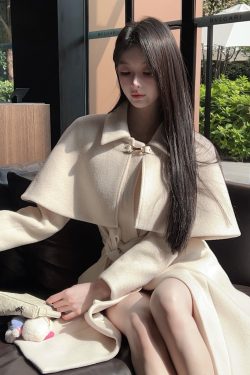 Winter White Woolen Coat Set for Women - Shawl Cape Jacket Two-Piece with Belt, Stylish Outerwear for Chic Layering