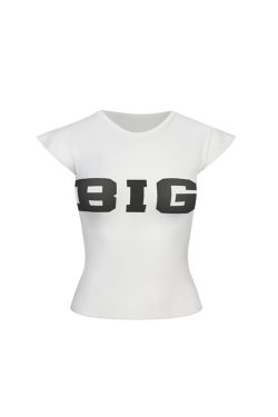 Witch Uniform Letter Slogan Slim Fit High Elastic Sports Jersey Short Sleeve T-Shirt Top for Y2K and Aesthetic Style