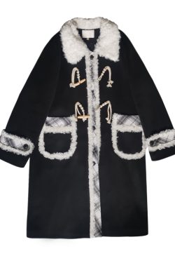 Women's 2023 Winter Mid-Length Black and White Plaid Woolen Coat - Pudding Bear JK Uniform Style