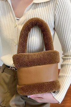 Women's 2025 Spring Summer Lamb Wool Bucket Bag, Color-Blocking Fluffy Handheld Plush Handbag