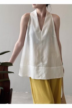 Women's 2025 Summer High-Grade Linen Tencel V-Neck Sleeveless Vest Top - Thin, Breathable Mid-Length Shirt