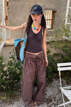Women's American Retro Casual Wide-Leg Pants, Summer Drawstring Curved Blade Trousers, Loose Draping Floor-Length Style