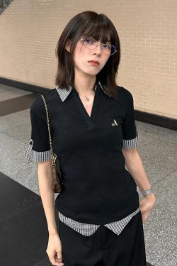 Women's American Retro Polo Shirt - Summer Patchwork Plaid, Short Sleeve, Loose Fit, College Style Top