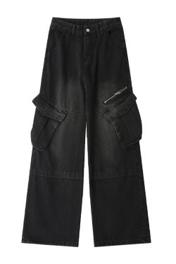 Women's American Vintage Wide Pocket Jeans - Trendy Hip-Hop Loose Fit Straight Leg Pants for Versatile 90s and Y2K Style