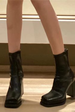 Women's Black Chunky Heel Short Boots - Waterproof Platform Martin Boots with Square Toe & Back Zipper for Autumn/Winter 2023