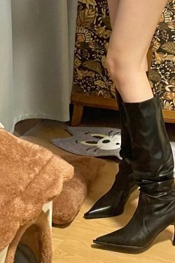Women's Black Genuine Leather Over-the-Knee Pointed Toe Pleated Slouchy Boots with Thin Heel - Trendy European & American Style