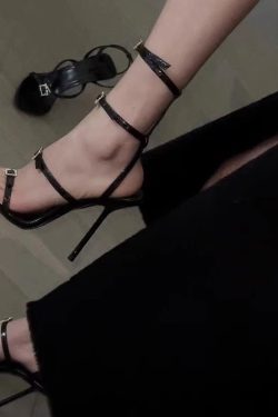 Women's Black High-Heeled Sandals, Open Toe Pointed Toe, One-Strap Buckle, Sexy Roman Style, Summer 2023 Fashion