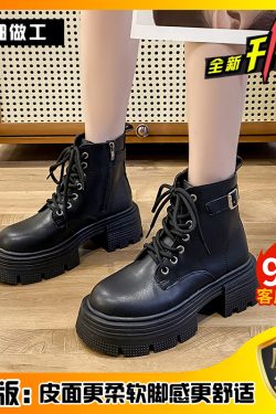 Women's Black Lace-Up Martin Boots, Thick-Soled Motorcycle Style, British Design for Autumn/Winter 2024
