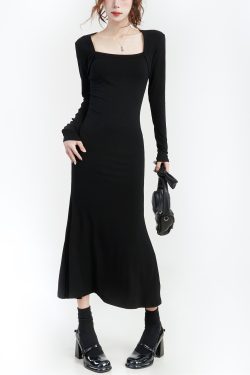 Women's Black Long Sleeve Bodycon Mermaid Dress - Versatile Square Neck Little Black Dress for Autumn, High-End Style