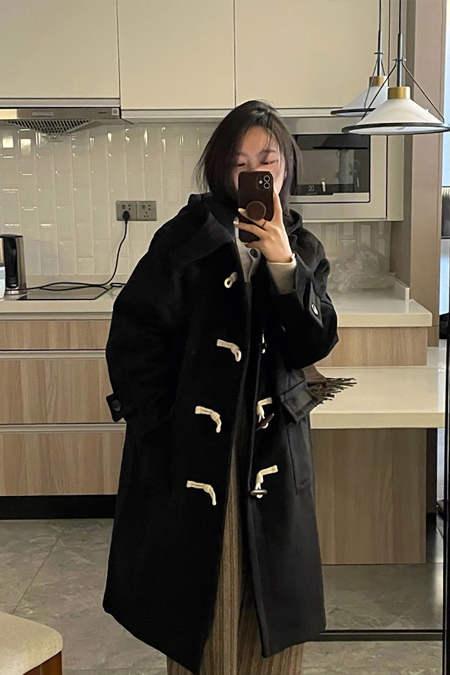 Women's Black Mid-Length Wool Coat with Horn Buttons, Double-Sided Cashmere, 2025 Spring Korean Style Winter Outerwear