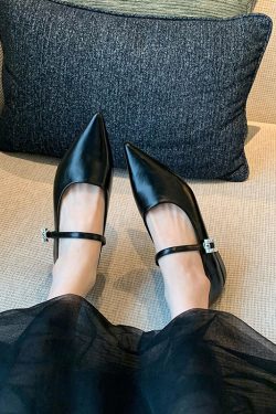 Women's Black One-Strap Pointed Toe Shoes with Rhinestone Embellishment, French Style Low Heel for Commuting and Work
